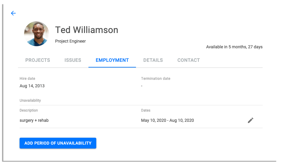 Employment Dates will appear in your individual profiles (pictured above), and periods of unavailability will appear in your People Gantt (pictured below).