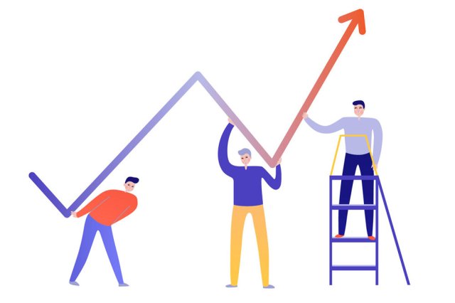 Illustrated image of three people holding up bar graph