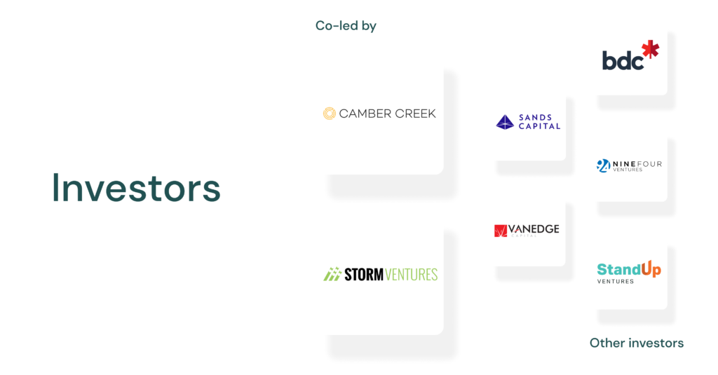 Investor logos - camber creek, storm ventures, sands capital, vanedge, bdc, ninefour, standup ventures