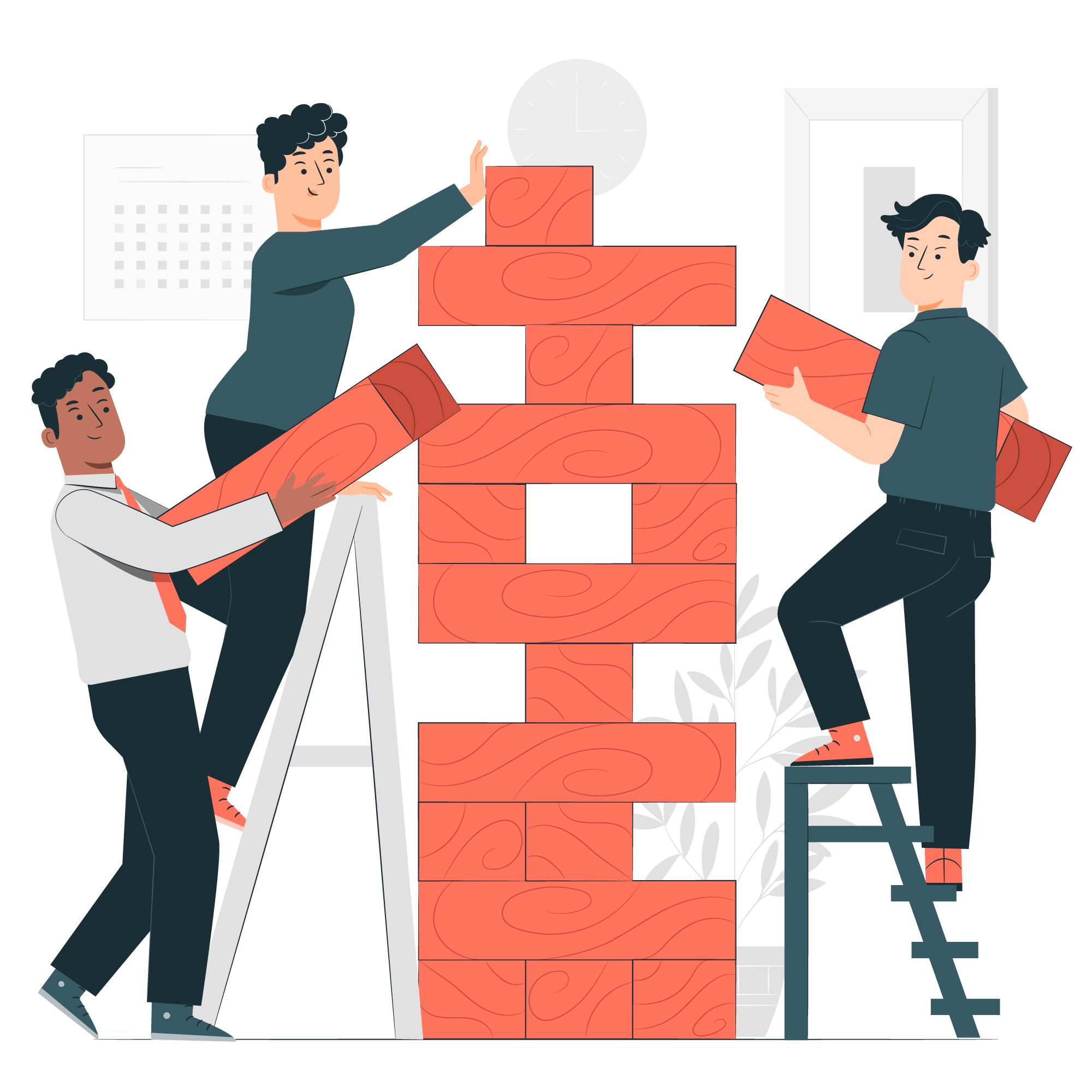 Three people building a structure together