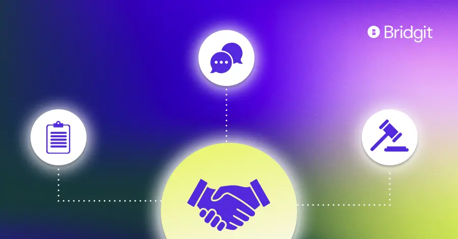 Handshake icon surrounded by three icons representing construction disputes