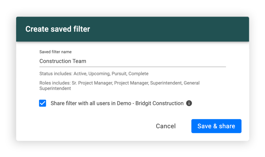 Sharing a saved filter in Bridgit Bench