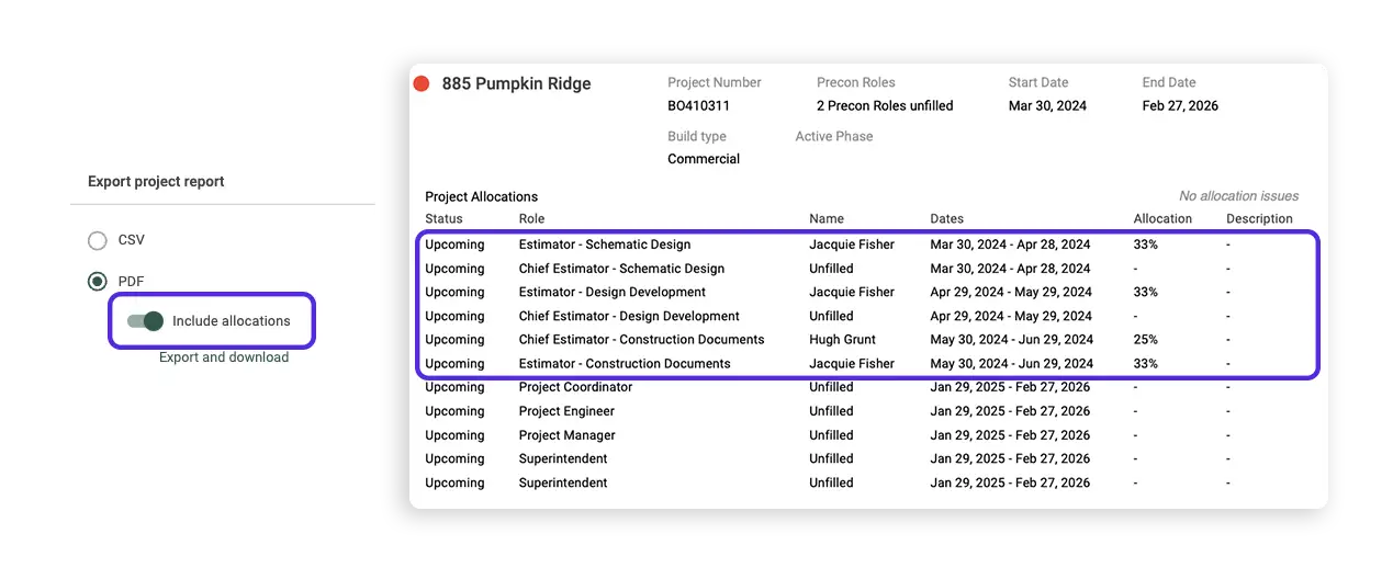 adding precon to project report export