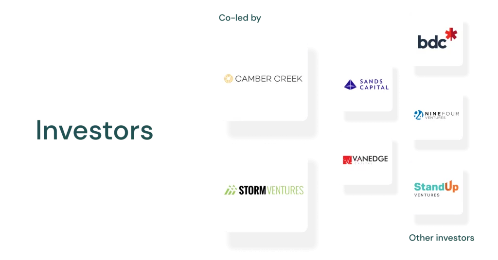 Investor logos - camber creek, storm ventures, sands capital, vanedge, bdc, ninefour, standup ventures