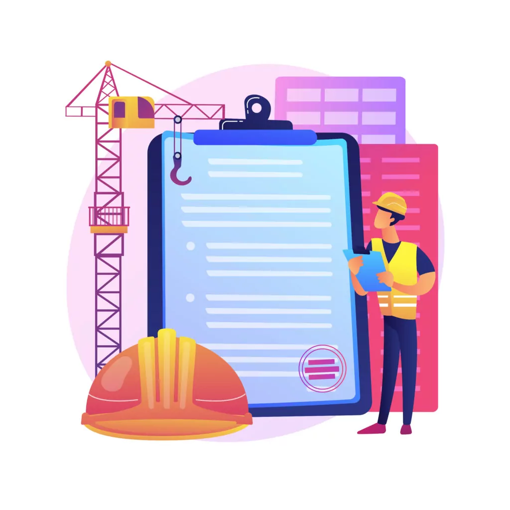 Clipboard, construction worker and crane